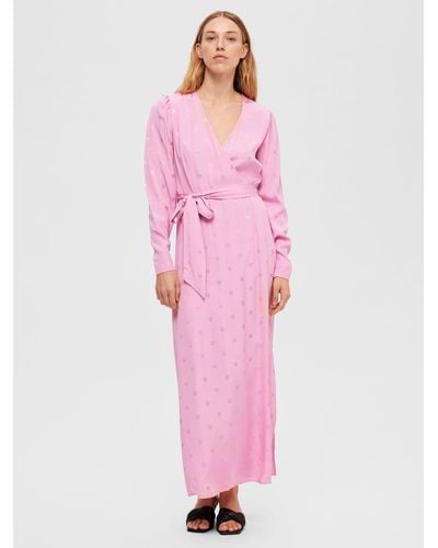 SELECTED Satin Spot Maxi Wrap Dress - Pink