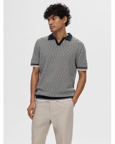 SELECTED Geometric Knit Polo Shirt - Grey