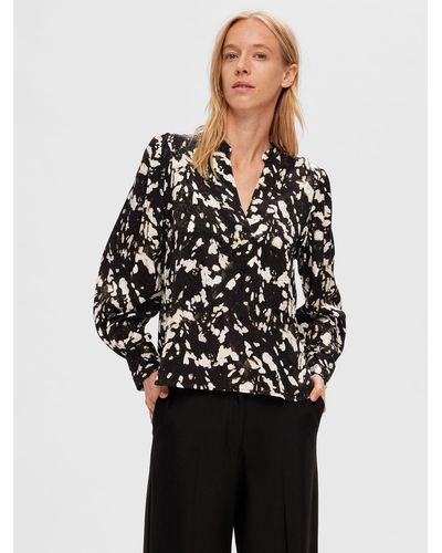 SELECTED Abstract Print Blouse - Black