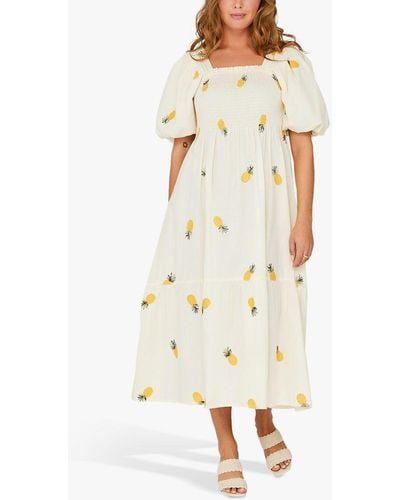 A-View Cheri Pineapple Print Puff Sleeve Midi Cotton Dress - Natural