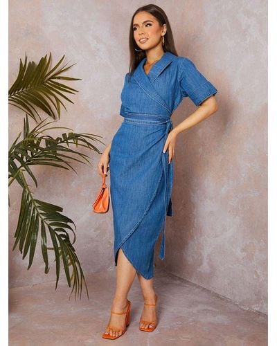 Chi Chi London Denim Wrap Midi Dress - Blue