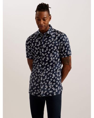 Ted Baker Alfanso Floral Print Short Sleeve Shirt - Blue