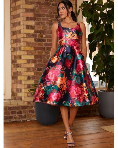 Chi Chi London Floral Print Fit & Flare Midi Dress - Brown