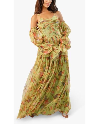 LACE & BEADS Saylor Cold Shoulder Floral Maxi Dress - Yellow