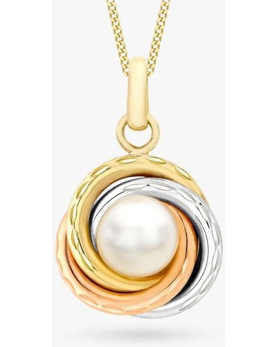 Ib&b 9ct Three Colour Gold Diamond Cut Knot And Pearl Pendant Necklace - Metallic