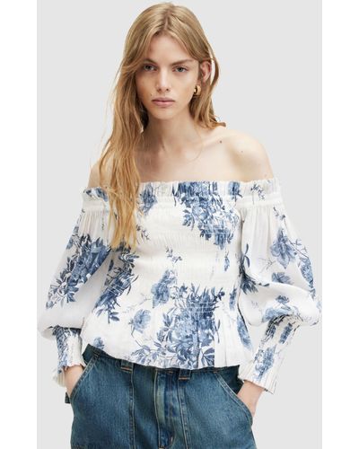 AllSaints Lara Dekorah Linen & Silk Blend Bardot Top - White