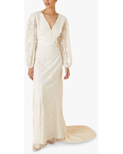 Monsoon Floral Long Sleeve Wedding Dress - White