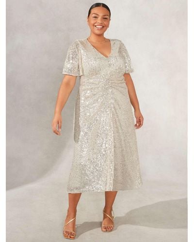 Live Unlimited Curve Champagne Ruched Front Sequin Dress - Natural