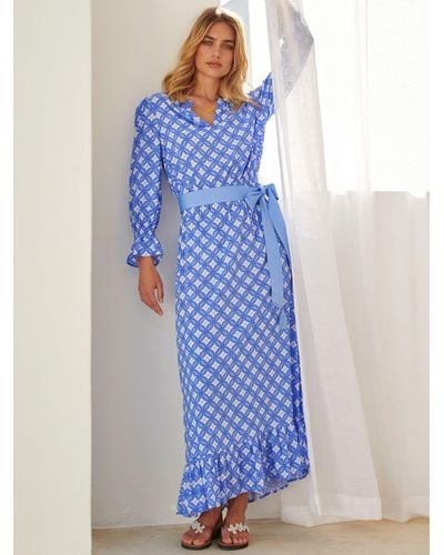 Aspiga Maeve Geometric Print Contrast Belt Maxi Dress - Blue