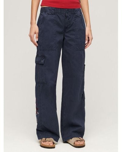 Superdry Low Rise Embroidered Cargo Trousers - Blue