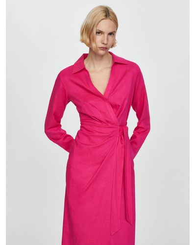 Mango Carola Tie Detail Linen Blend Dress - Pink