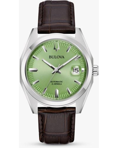 Bulova 96b427 Surveyor Automatic Date Leather Strap Watch - Green