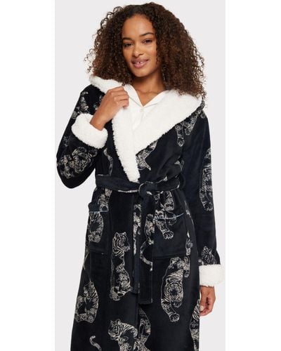 Chelsea Peers Fleece Linear Tiger Print Dressing Gown - Black