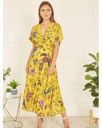Yumi' Bird And Floral Midi Dress - Yellow
