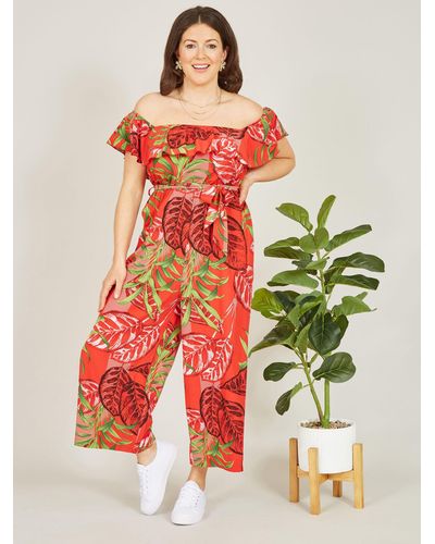 Yumi' Mela London Tropical Print Bardot Jumpsuit - Red