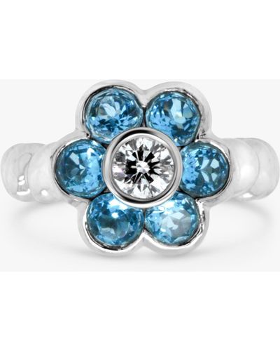 Milton & Humble Jewellery Second Hand 18ct White Gold Topaz & Diamond Floral Cluster Ring - Blue