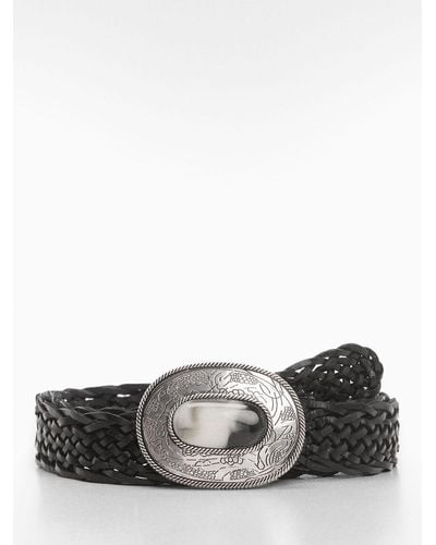 Mango Tropez Engraved Buckle Leather Belt - Grey