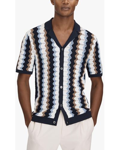 Reiss Waves Knitted Cuban Collar Button Through Shirt - Blue