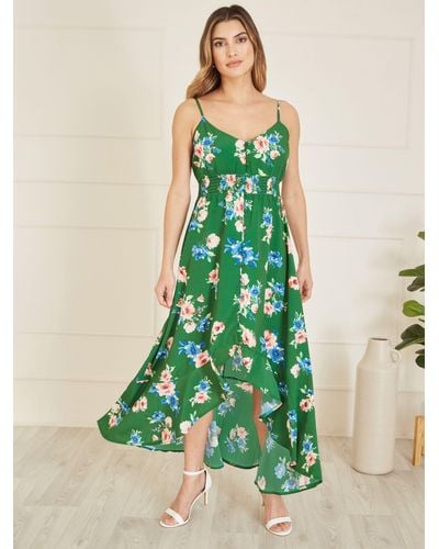 Yumi' Floral Print High Low Frill Hem Midi Dress - Green