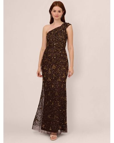 Adrianna Papell Beaded One Shoulder Maxi Dress - Brown
