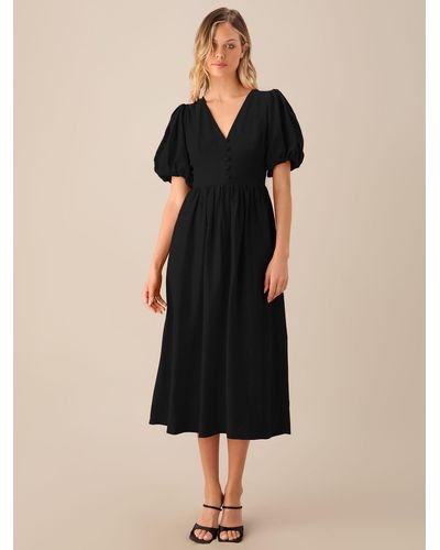 Ro&zo Puff Sleeve Linen Blend Midi Dress - Black