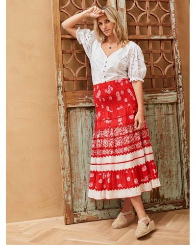Brora Cotton Silk Blend Ric Rac Patchwork Midi Skirt - Red
