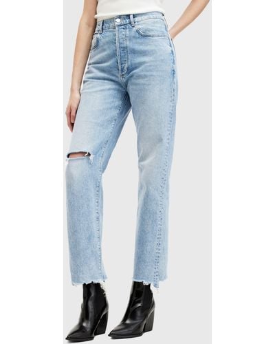 AllSaints Edie High Rise Ripped Straight Jeans - Blue