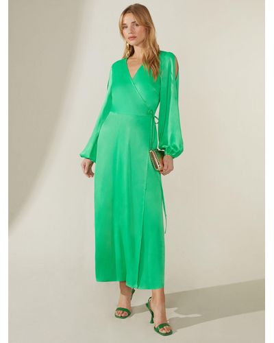 Ro&zo Satin Cold Shoulder Wrap Dress - Green
