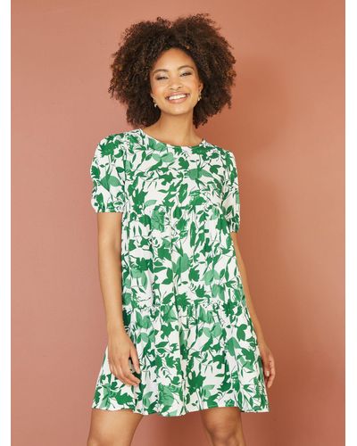 Yumi' Mela London Leaf Print Tunic Skater Dress - Green