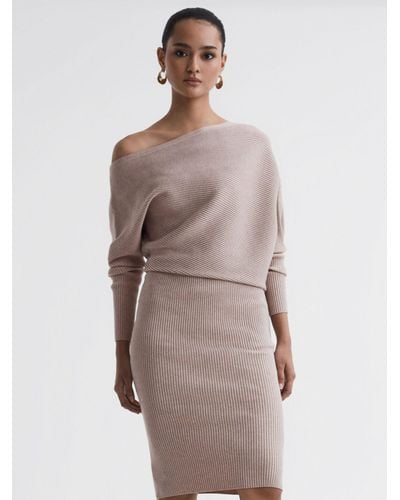 Reiss Lara Off-the-shoulder Stretch-knit Midi Dress - Natural