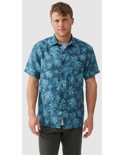 Rodd & Gunn Destiny Bay Palm Tree Print Linen Shirt - Blue