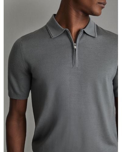 Reiss Maxwell Merino Zip Neck Polo Shirt - Grey