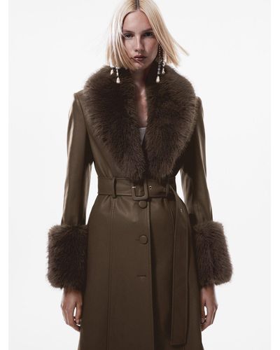 Mango Fernanda Faux Fur Trimmed Leather Effect Coat - Brown