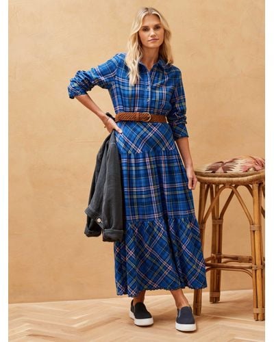 Brora Brushed Cotton Check Tiered Dress - Blue