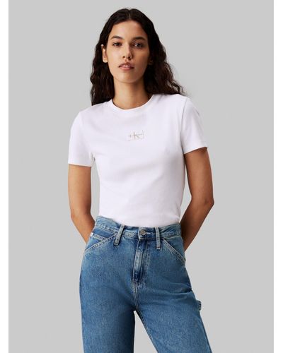 Calvin Klein Woven Logo Ribbed T-shirt - White