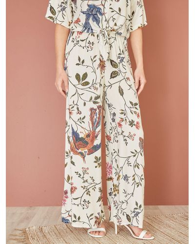 Yumi' Bird And Floral Print Wide Leg Trousers - Multicolour