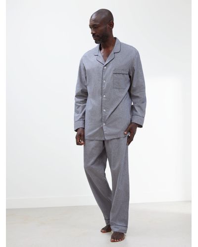 John Lewis Organic Cotton Brushed Chambray Long Sleeve Pyjama Set - Blue