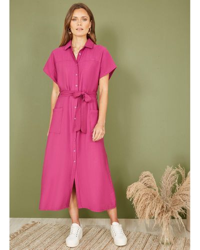 Yumi' Relaxed Shirt Midi Dress - Pink