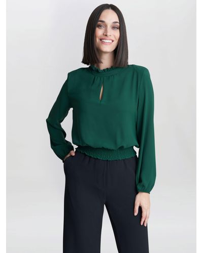Gina Bacconi Jolene Frill Neck With Waist Shirring Top - Green