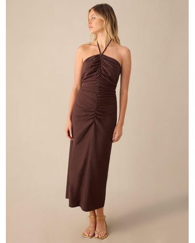 Ro&zo Halterneck Ruched Front Midi Dress - Natural