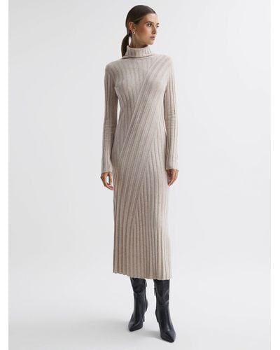 Reiss Cady - Neutral Fitted Knitted Midi Dress - Natural