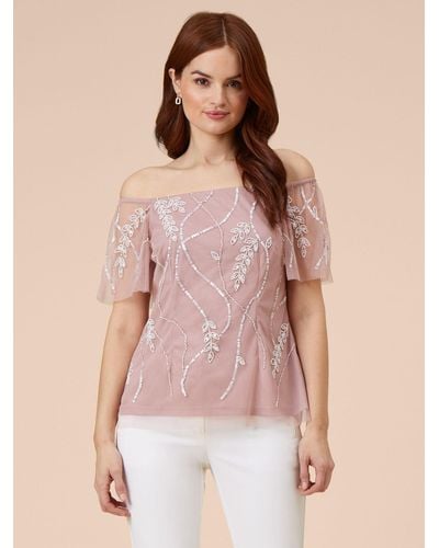 Adrianna Papell Beaded Off Shoulder Top - Pink