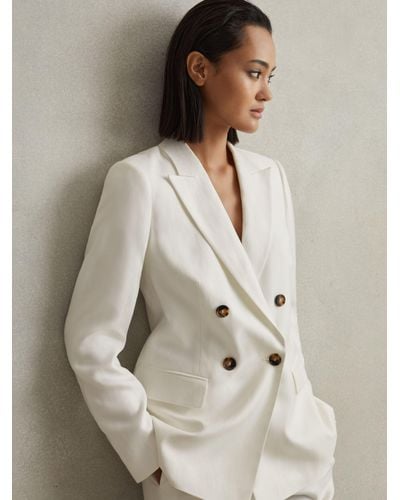 Reiss Lori - White Viscose-linen Double Breasted Suit Blazer, Us 8 - Natural