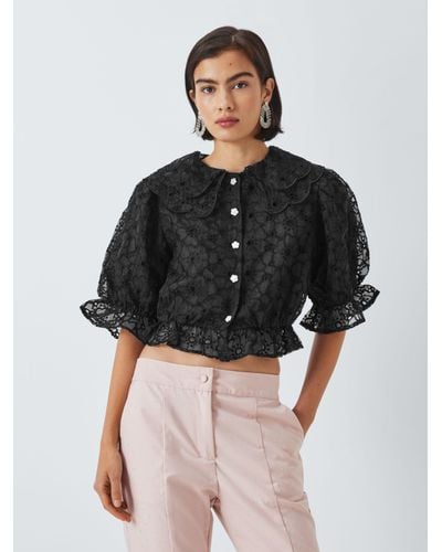 Sister Jane Peach Flower Embroidered Cropped Blouse - Black