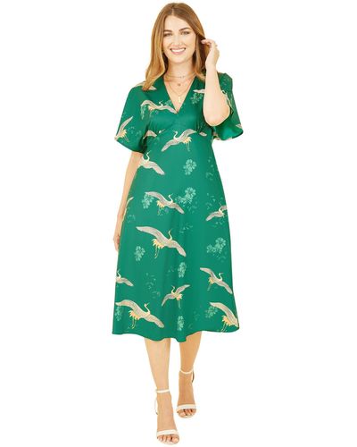 Yumi' Bird Print Kimono Midi Dress - Green