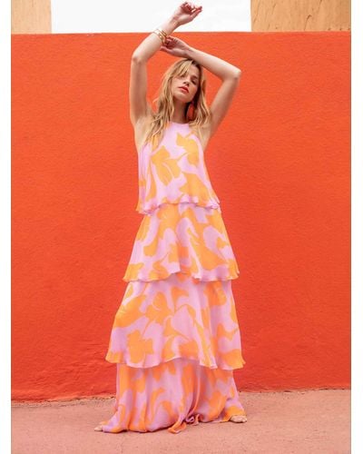 Ro&zo Abstract Floral Tiered Maxi Dress - Orange
