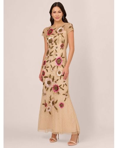 Adrianna Papell Floral Bead Mermaid Dress - Natural