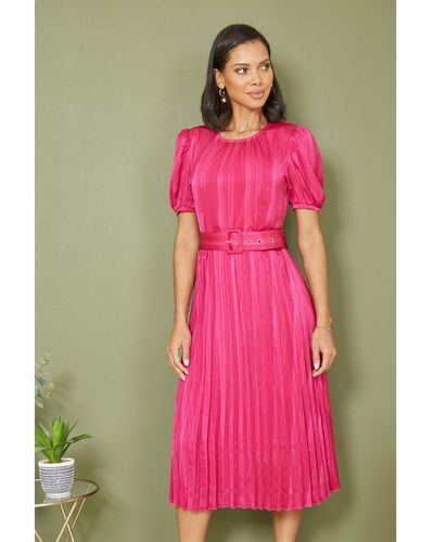 Yumi' Satin Pleated Midi Dress - Pink