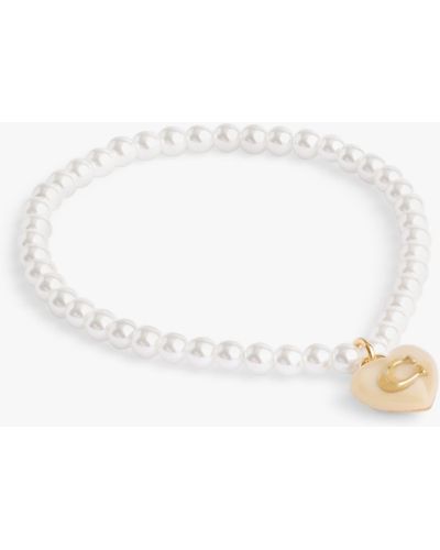 COACH Sculpted C Heart Charm Faux Pearl Bracelet - White