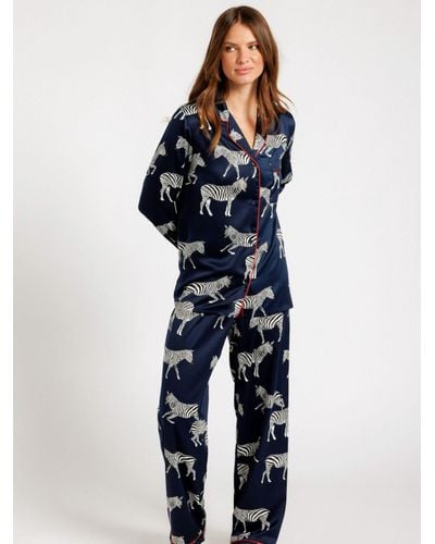 Chelsea Peers Zebra Long Shirt Satin Pyjama Set - Blue